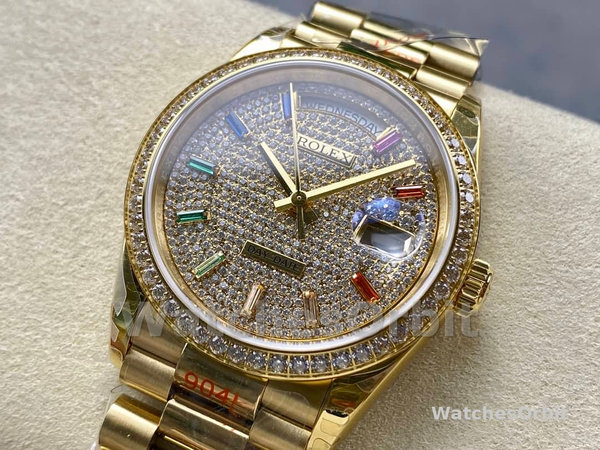 Rolex Day Date 36mm Yellow Gold 128348RBR 0030 Pave Rainbow Diamonds Sapphires Dial