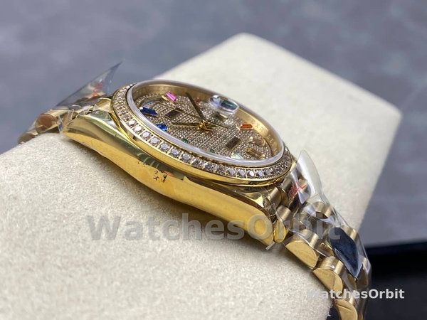 Rolex Day Date 36mm Yellow Gold 128348RBR 0030 Pave Rainbow Diamonds Sapphires Dial