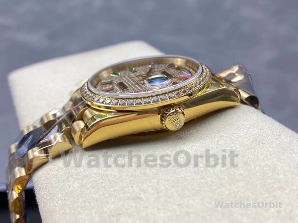 Rolex Day Date 36mm Yellow Gold 128348RBR 0030 Pave Rainbow Diamonds Sapphires Dial