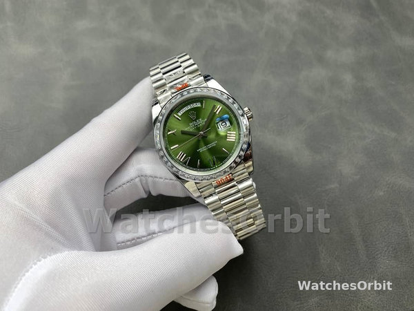 Rolex Day Date 40 Platinum Olive Green Dial Diamond Bezel M228396TBR 0020 Replica Watch