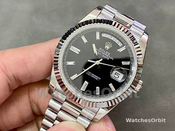 Rolex Day-Date 40mm 228239 0005 Black Diamond Dial Fluted Bezel Mens Replica Watch
