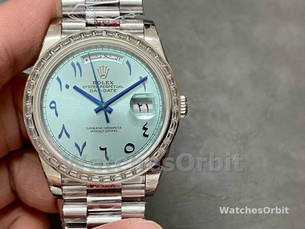 Rolex Day-Date 40mm Platinum Ice Blue Arabic Dial Diamond Bezel 228396TBR Men's Watch