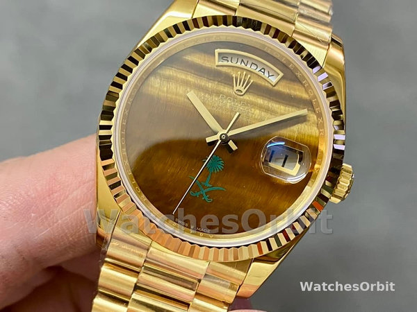 Rolex Day Date Sapphire Mirror Watch with 36mm Diameter Tiger's Eye Dial President