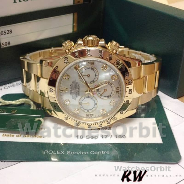 Rolex Daytona 116528 Yellow Gold Mother of Pearl Diamond Dial 40mm Mens Replica Watch