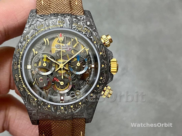 Rolex Daytona Cosmograph DIW Carbon Case Skeleton Dial Brwon Nylon Strap