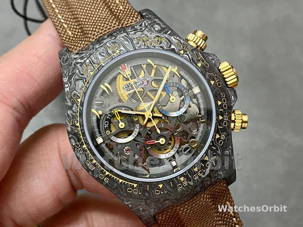 Rolex Daytona Cosmograph DIW Carbon Case Skeleton Dial Brwon Nylon Strap