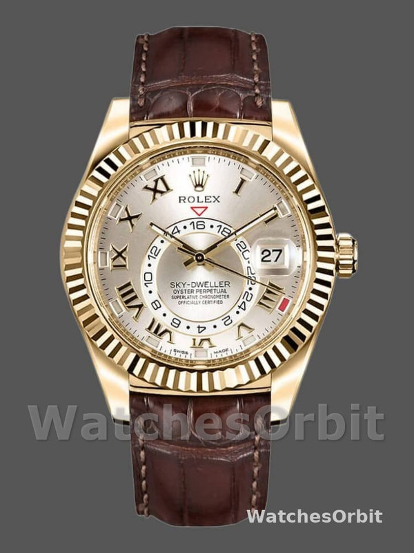 Rolex Sky-Dweller 326138 Sunray Silver Dial Yellow Gold 42MM Mens Replica Watch