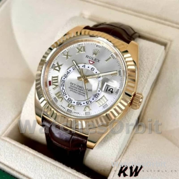Rolex Sky-Dweller 326138 Sunray Silver Dial Yellow Gold 42MM Mens Replica Watch