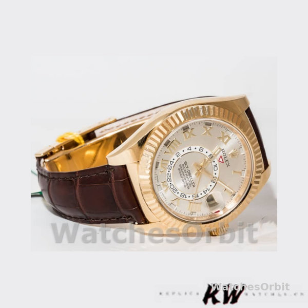 Rolex Sky-Dweller 326138 Sunray Silver Dial Yellow Gold 42MM Mens Replica Watch