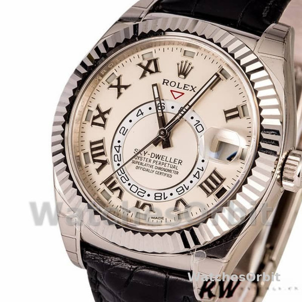 Rolex Sky-Dweller 326139 Ivory Roman Dial Leather Strap 42MM Mens Replica Watch
