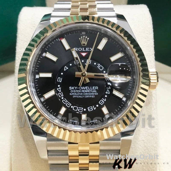Rolex Sky-Dweller 326933 Stainless Steel Yellow Gold Black Dial 42MM Mens Replica Watch