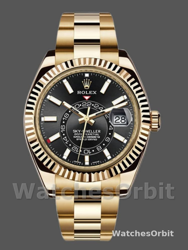 Rolex Sky-Dweller 326938 Yellow Gold Black Dial 42mm Mens Replica Watch