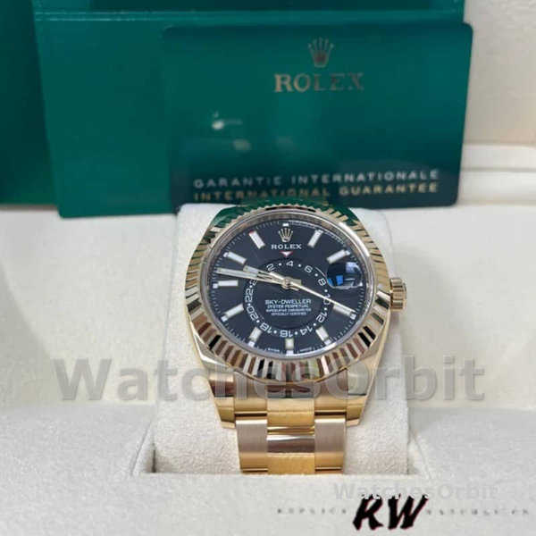 Rolex Sky-Dweller 326938 Yellow Gold Black Dial 42mm Mens Replica Watch