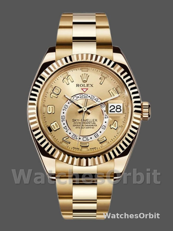 Rolex Sky-Dweller 326938 Yellow Gold Champagne Arabic Dial 42mm Mens Replica Watch
