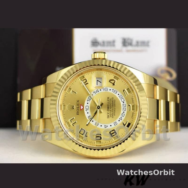 Rolex Sky-Dweller 326938 Yellow Gold Champagne Arabic Dial 42mm Mens Replica Watch