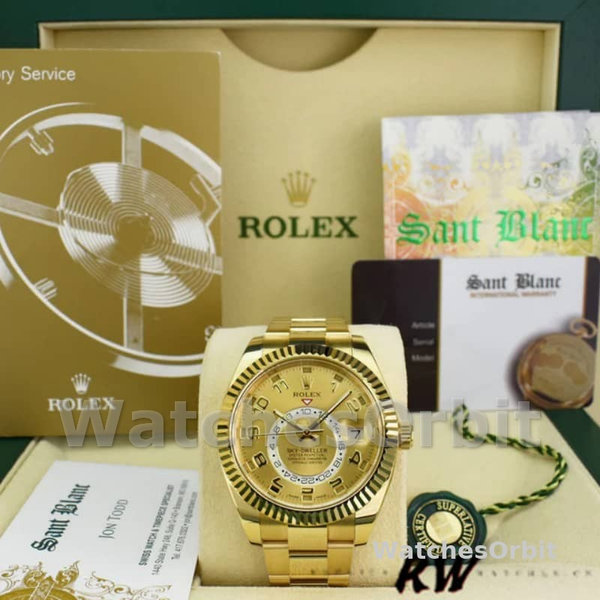 Rolex Sky-Dweller 326938 Yellow Gold Champagne Arabic Dial 42mm Mens Replica Watch