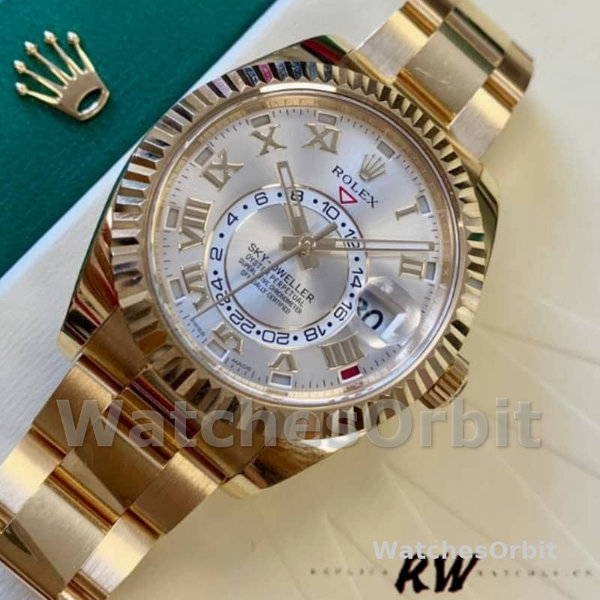 Rolex Sky-Dweller 326938 Yellow Gold Silver Dial 42mm Mens Replica Watch