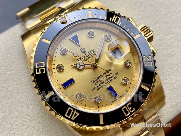 Rolex Submariner 40 18k Champagne Diamond Dial Black Bezel 16613T Gold Watch