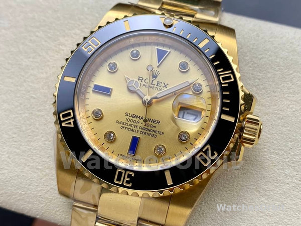 Rolex Submariner 40 18k Champagne Diamond Dial Black Bezel 16613T Gold Watch