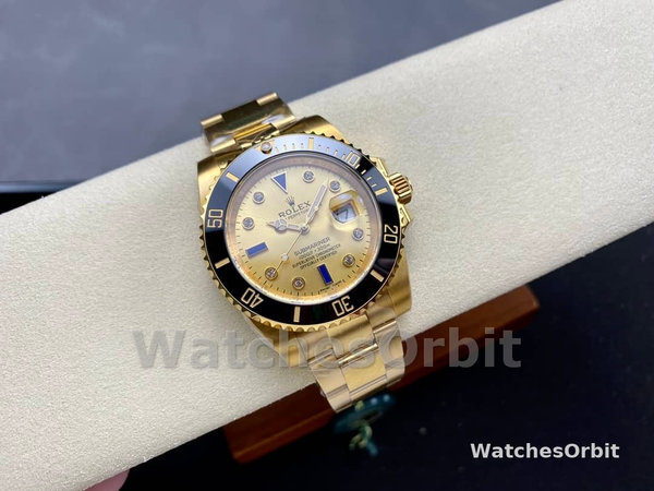 Rolex Submariner 40 18k Champagne Diamond Dial Black Bezel 16613T Gold Watch